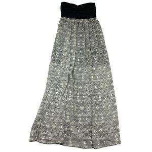 Roxy Bandeau Maxi Dress Size M Black Gray Tribal Lined Smocked Back Strapless